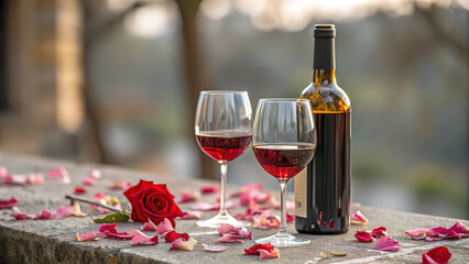 bottle of wine and two glasses of wine, on blurred background, time for rest, good wine, wine tasting