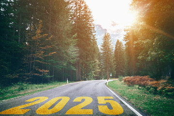 2025 New Year road trip travel and future vision concept . Nature landscape with highway road...