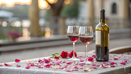 bottle of wine and two glasses of wine, on blurred background, time for rest, good wine, wine tasting