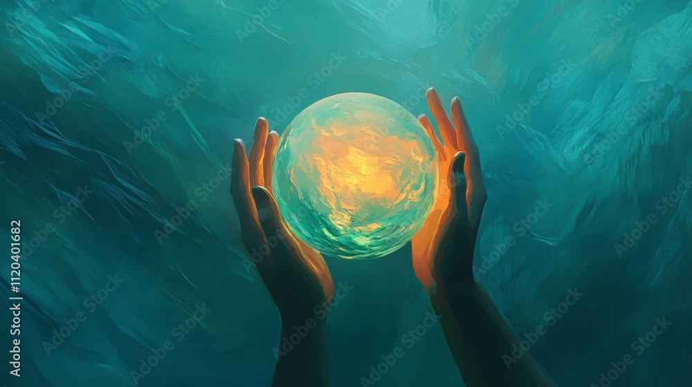 Poster enigmatic glow: hands cradling a luminous orb in a teal abstract setting