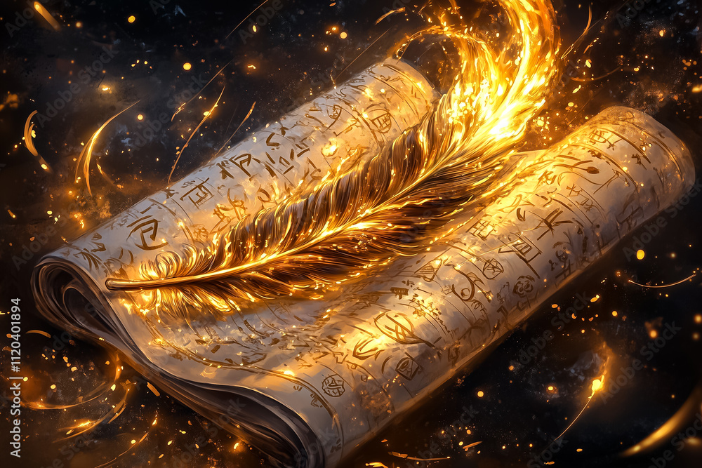 Poster a bright feather burns atop ancient scrolls adorned with mysterious symbols and glowing particles