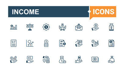 Income icons. Related to money, tax, payment, income, pension, market, economy and more. Minimal linear icons. Vector outline icons collection.