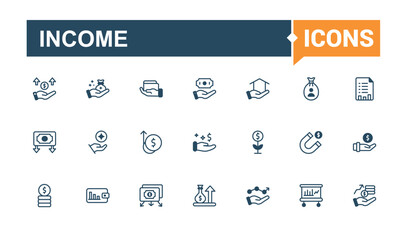 Income icons. Related to money, tax, payment, income, pension, market, economy and more. Minimal linear icons. Vector outline icons collection.