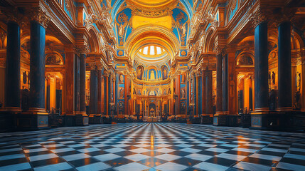 Obraz premium Majestic Gothic Cathedral Interior with Golden Altar and Checkered Floor