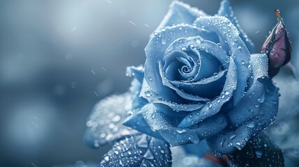Close-up of a vibrant blue rose with delicate snowflakes against a soft winter backdrop