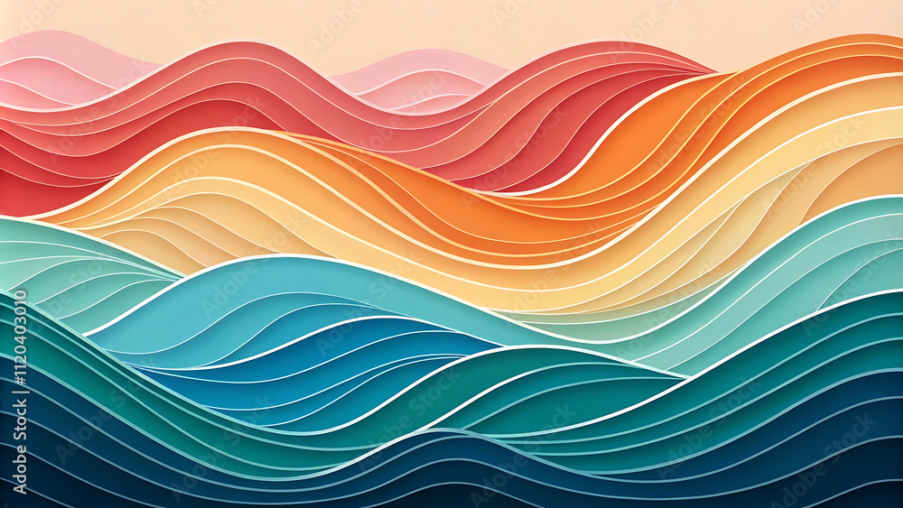Poster abstract zig-zag gradient hues background with delicate waves layered paper cut shapes visual style