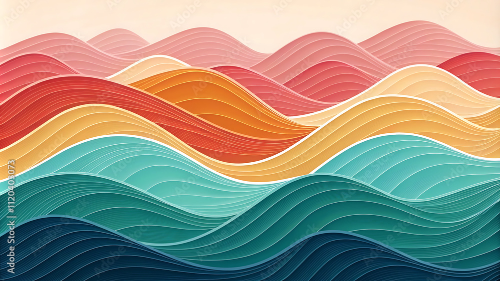 Fototapete Abstract zig-zag Gradient hues Background with Delicate Waves Layered paper cut shapes visual style