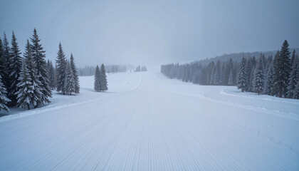 Obraz premium Mysterious winter landscape with snowy ski trail and foggy atmosphere amidst tall pines 