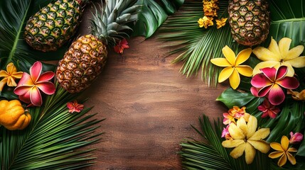 Tropical pineapples and flowers arranged with lush green leaves