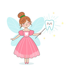 Tooth fairy with magic wand and baby tooth. Flat vector illustration on white background