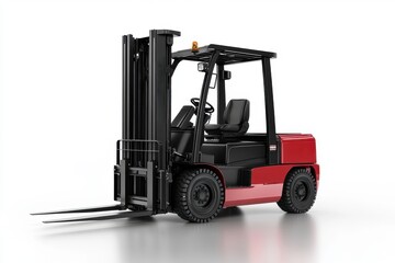 A red and black forklift designed for lifting and transporting materials in industrial settings.