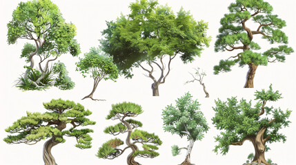 Common juniper and elderberry trees, collection with a realistic style.