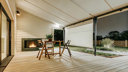 Fototapeta premium project of terrace under a canopy with wooden floor, table and chairs and outdoor fireplace near the house, house garden, cozy, design of place for rest