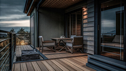 Obraz premium project of terrace under a canopy with wooden floor, table and chairs and outdoor fireplace near the house, house garden, cozy, design of place for rest