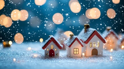 Naklejka premium A background featuring cute small houses with Christmas decorations, set against a blue snowy backdrop with Christmas lights and blurred details.