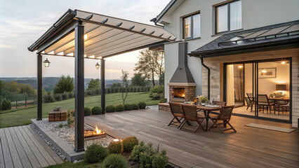 Fototapeta premium project of terrace under a canopy with wooden floor, table and chairs and outdoor fireplace near the house, house garden, cozy, design of place for rest