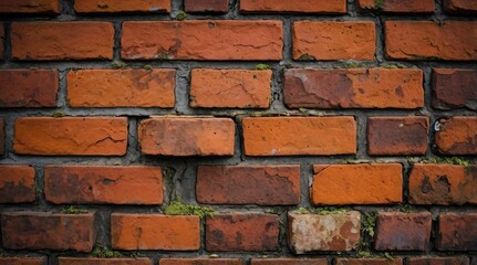 Red brick wall with plants and moss between the bricks