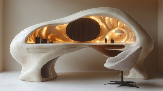 Organic modern vanity with integrated lighting and chair.