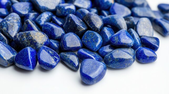 Close-up view of blue lapis lazuli gemstones highlighting their natural beauty and texture against a white background