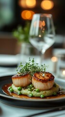 Scallops on creamy puree with fresh peas