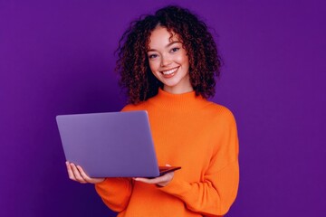 Photo of nice young girl show laptop wear pullover isolated on violet color background
