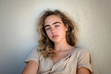 Naklejka premium Young woman exudes casual elegance leaning against textured white wall