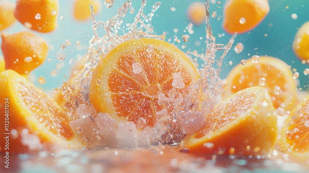 Poster orange slices splashing in water with ice cubes on a teal background
