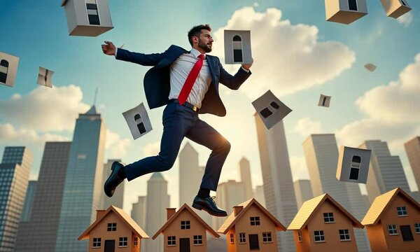 businessman jumping house concept of financial house loan