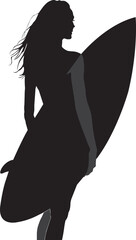 Silhouette of a girl carrying a surfboard under her arm while standing confidently. Perfect for surf-themed designs, sports concepts, and outdoor activity illustrations VECTOR