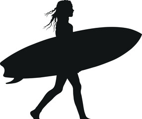 Silhouette of a female surfer confidently walking while holding a surfboard. Ideal for surf-themed graphics, coastal designs, and water sports illustrations VECTOR