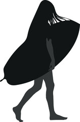 Silhouette of a female surfer confidently walking while holding a surfboard. Ideal for surf-themed graphics, coastal designs, and water sports illustrations VECTOR