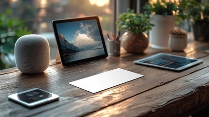 Blank business card on desk with digital assistant tablet and laptop showing cloud storage. Generative AI
