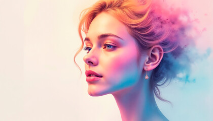 Elegant woman with multicolored hair blending into vibrant pastel colors, showcasing creativity and beauty