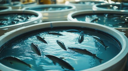 Salmon fish cultivation in wide white water containers captured from above with light tonality