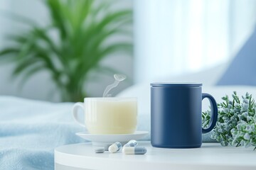 A bedside table featuring magnesium supplements, a calming tea mug, a blue light-blocking lamp, and a sleep tracker, promoting the essentials for a great night. Generative AI