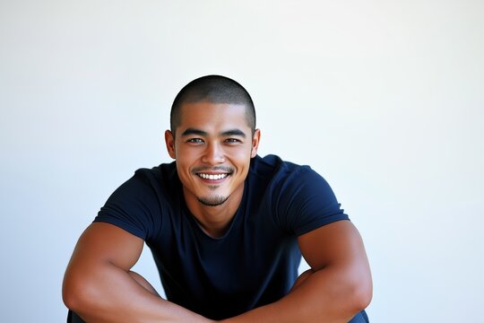 Man with buzz cut hair smiles confidently during a hair studio photoshoot showcasing micropigmentation technique