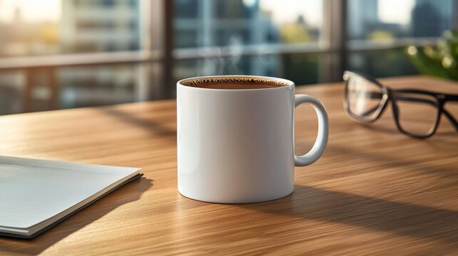 Mug mockup with market analysis and coffee cup. Generative AI - Powered by Adobe
