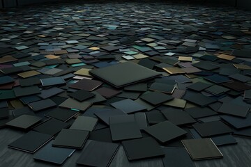 Fototapeta premium Dark flat squares scattered across a recycling center floor with laptops