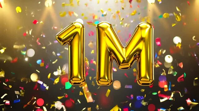 Golden 1M subscribers celebration with colorful confetti and festive balloons on a sparkling background