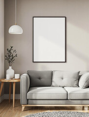 Minimalist Living Room with A4 Paper Frame Mockup and Modern Grey Sofa Decor