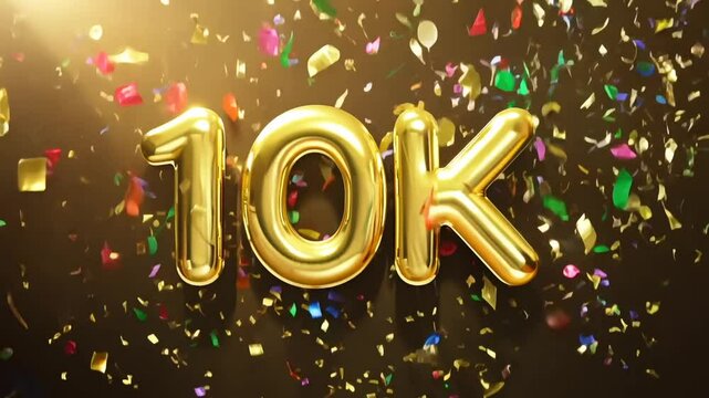 Golden 10k subscribers celebration with colorful confetti on a luxurious golden background