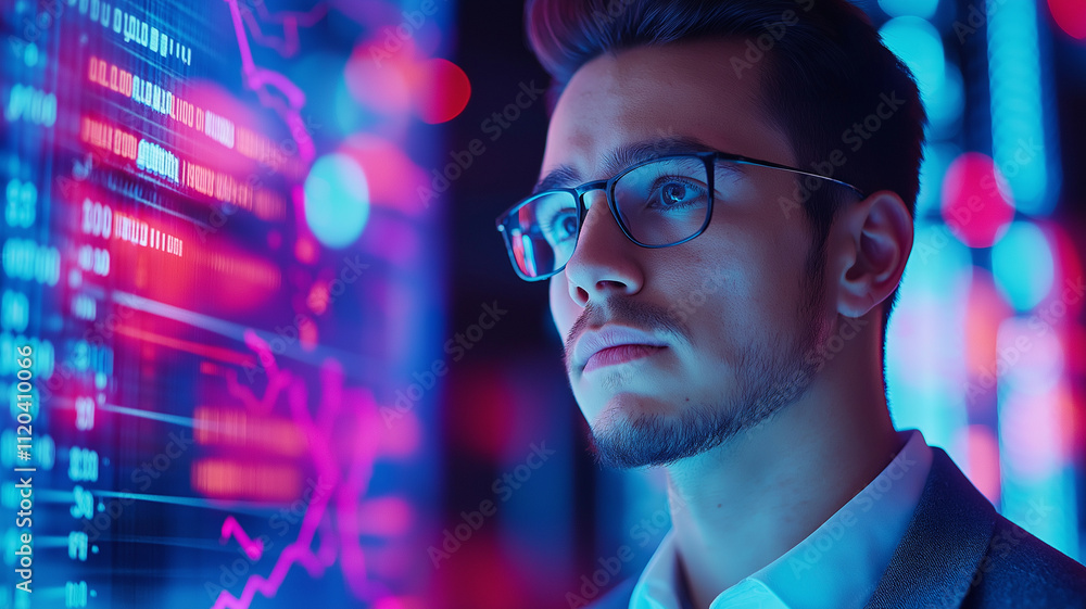 Aufkleber focused man analyzing digital data on futuristic screen in vibrant setting