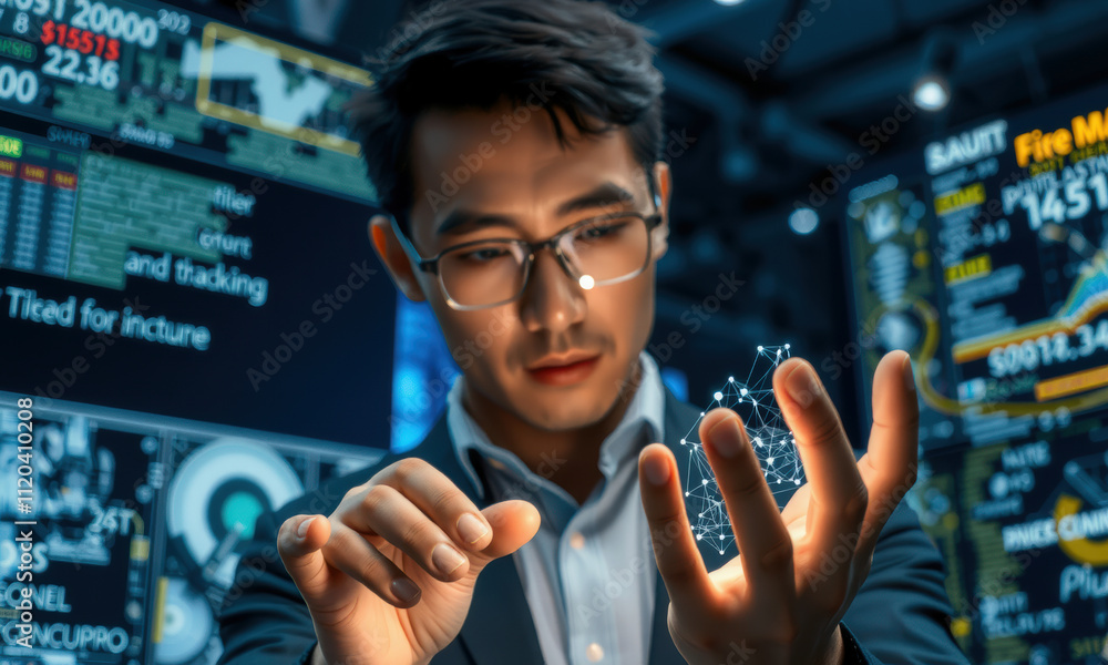 Poster focused man interacts with digital data, showcasing cyber security concepts and technology. his expr