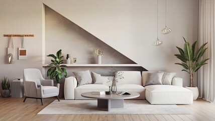 Modern minimalist living room design with blank wall. 3D rendering