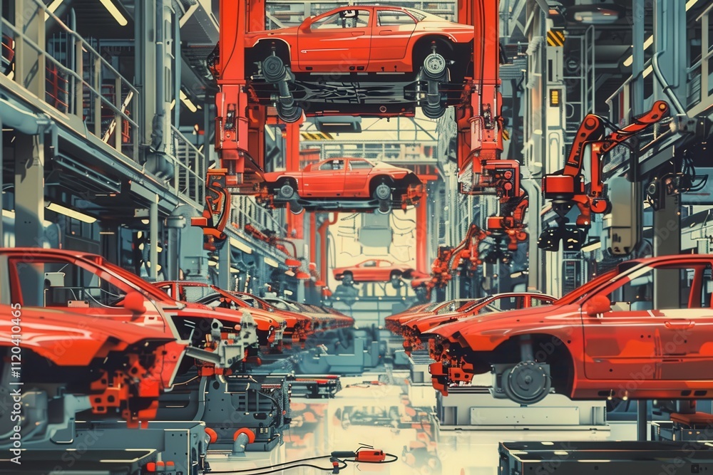 Poster efficient assembly line with robotic arms working on vehicle production in a modern manufacturing fa