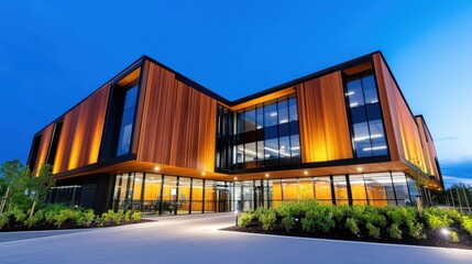 Fototapeta premium Modern building facade featuring Mocha Mousse cladding with black-framed windows and lush landscaping under a bright blue sky