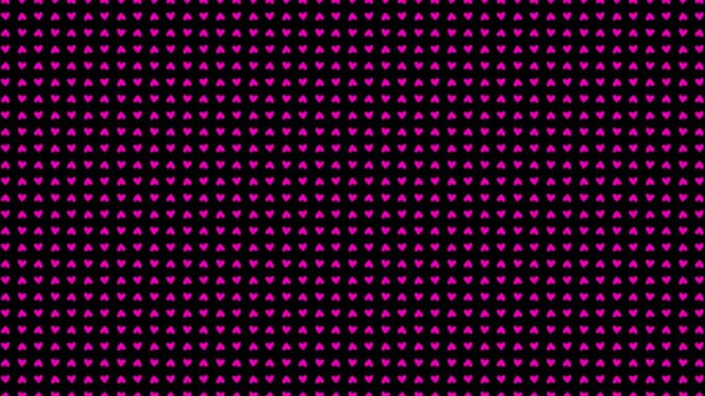 A pattern of pink hearts is depicted on a transparent background, which rotate around their axis, increase and decrease, falling down. Animated background for Valentine's Day.