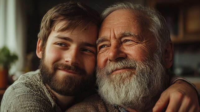 A young hipster man joyfully hugs his elderly grandfather in a warm, inviting home. Their expressions reveal deep affection and shared happiness, capturing a beautiful bond across generations
