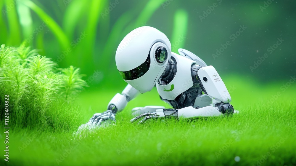 Poster a small robot exploring a lush green environment.