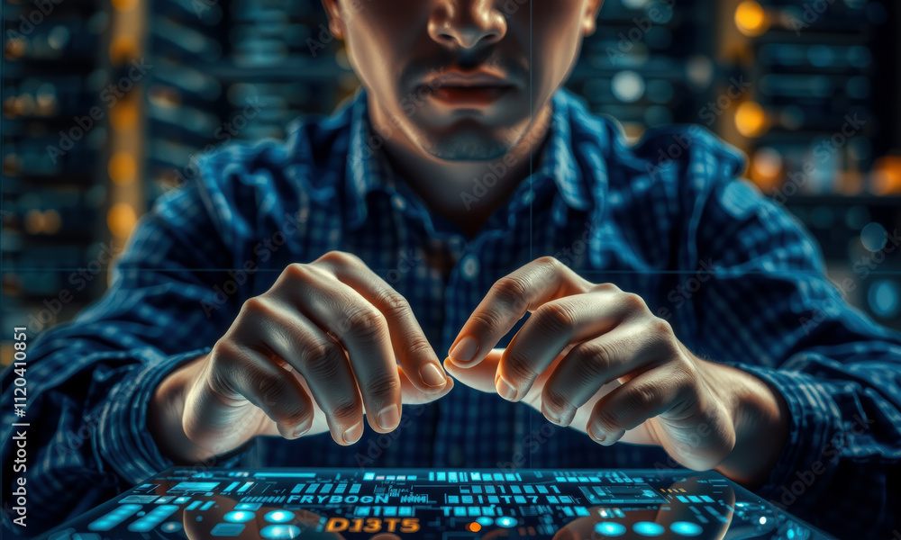 Poster focused individual engages with futuristic interface, showcasing advanced technology and cyber secur